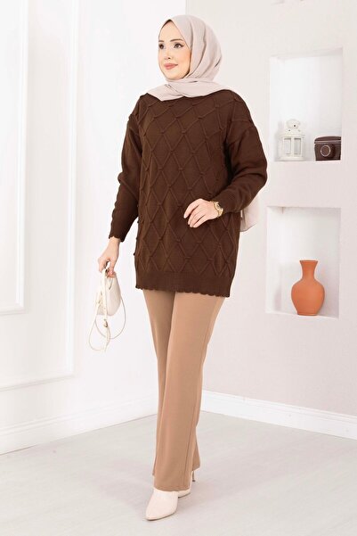 EBRUTESETTÜR Baklava Pattern Pompom Detailed Knitwear Sweater Brown