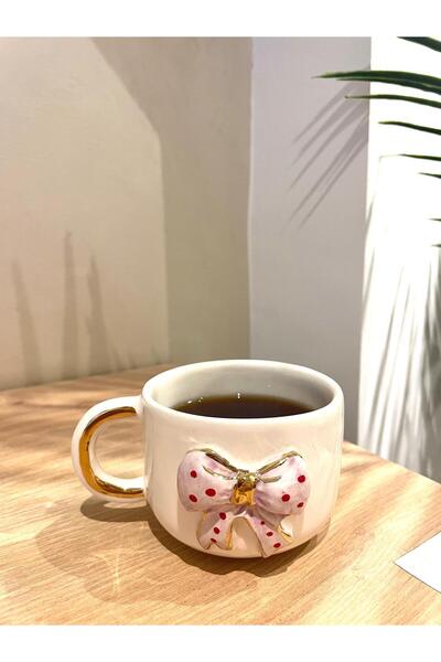 dalyaceramics El Yapımı Seramik Fincan -170 ml Pembe Puantiyeli Fiyonk Detaylı