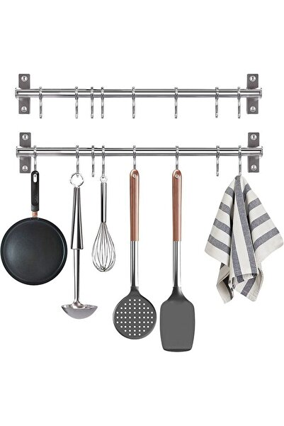 Arabest 2Pcs Wall Mounted Kitchen Utensil Rack, 8 Movable Hooks Stainless Ste...
