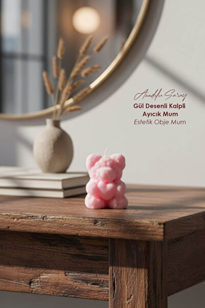 Anadolu Saray Gül Desenli Kalpli Ayıcık Mum - Pembe Dekoratif Hediyelik Estet...