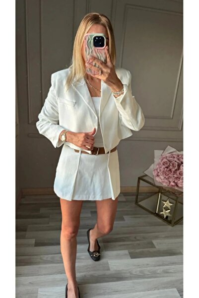 My Blog Ecru Linen Belted Shorts Skirt Jacket Set