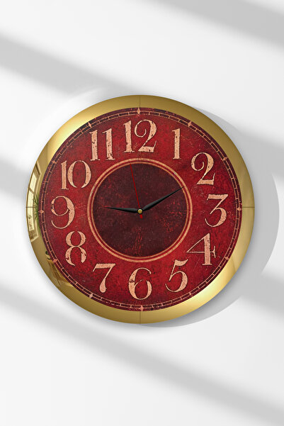 Zevahir Mobilya Dekorasyon Red Vintage Round Mdf Wall Clock with Gold Frame