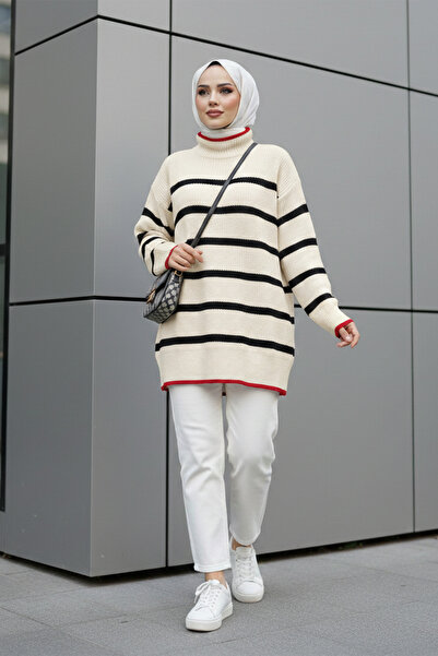 MODAQU High-Necked Striped Thessaloniki Woven Knitwear Tunic - Stone