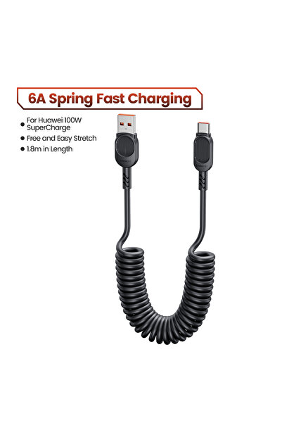 Toocki كابل USB-C أسود اللون، 6 أمبير، مصنوع من مادة TPU، قابل للسحب، يدعم ال...