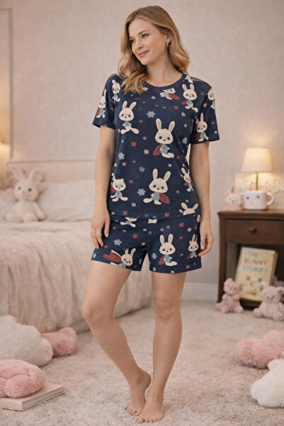 kuzey homewear Σετ κοντομάνικο σορτς με μοτίβο κουνελιού σε μπλε ναυτικό