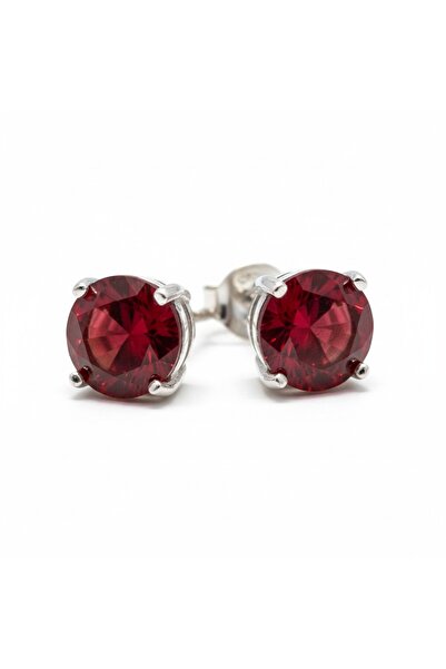 925 Ayar Gümüş Kırmızı Garnet Taşlı Kadın Çivi Küpe 0,5MM