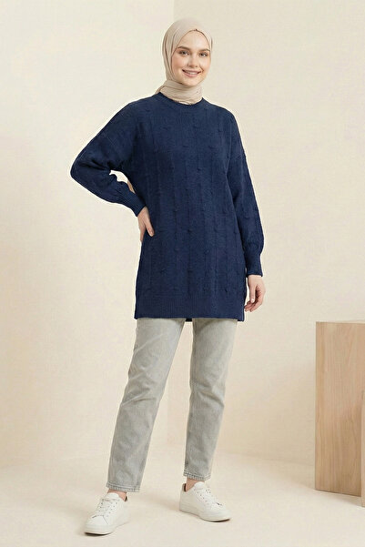 Kirazgym Women's Soft Knit Sweater with Side Slits and Pompom Detail - Navy Blue