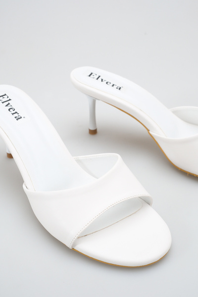 MALENTA Kadın İnce Topuklu Terlik Beyaz Cilt Yuvarlak Burunlu - Günlük Ofis V...