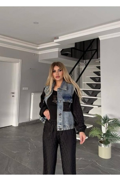 RED WOMAN FASHİON Denim Jacket and Satin Trousers Set