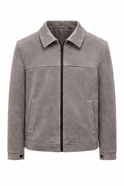 BASEL.CO Basic Old Money Polo Collar Lined Gray Suede Jacket