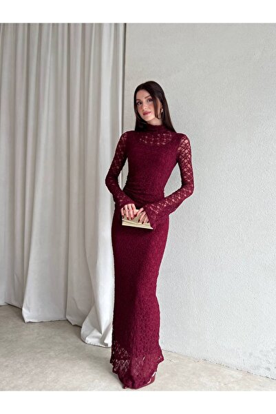 İZYA Lace Long Evening Dress - High Neck, Long Sleeves, Slim Fit