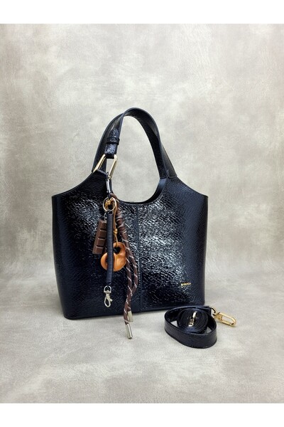 SARACH Siyah yılan derisi desenli el ve omuz kadın çantası