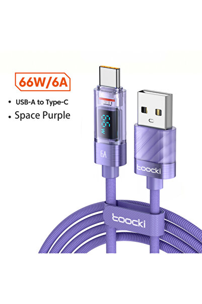 Toocki 1m Purple 6A USB To Type C Cable PD 66W Transparent Digital Display Fa...