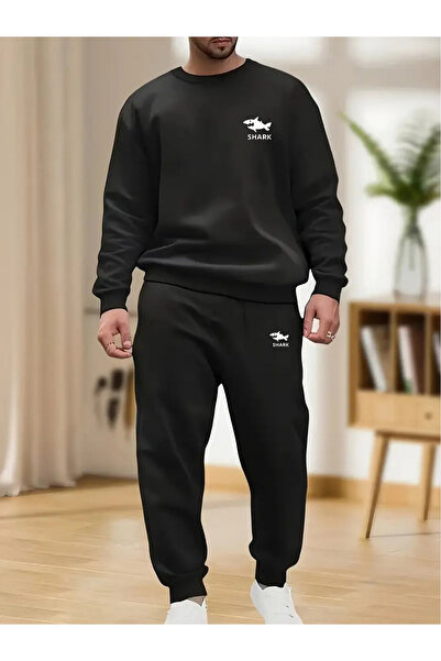 mercoledi Minimum Printed Men's Black Crew Neck Jogger Bottom Set Oversized T...