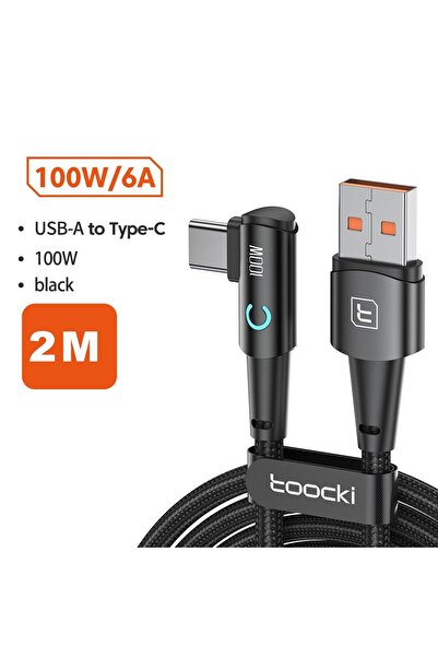 Toocki كابل USB-C أسود بطول 2 متر، 6 أمبير، بزاوية 90 درجة، لشحن سريع بقدرة 1...