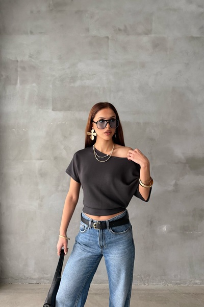 MODAMERSİ Women's Anthracite Boat Neck Short Sleeve Blouse