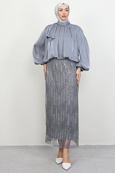 Lamia Giyim Burçin Takım Abiye Koyu Gri