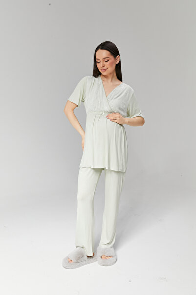 Rimel Homewear Hamile ve Lohusa 3'lü Pijama Takımı - Dantel Detaylı Sabahlıkl...