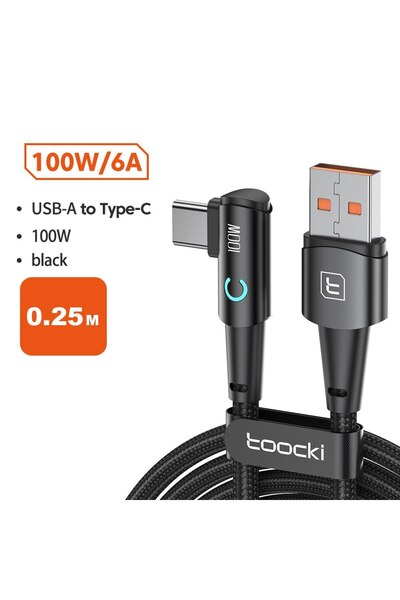 Toocki كابل USB-C أسود من الصين، بطول 0.25 متر، من نوع Toki، بقوة 6 أمبير، بز...