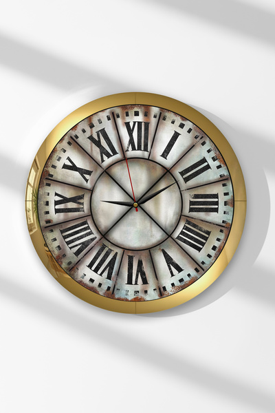 Zevahir Mobilya Dekorasyon Gold Framed Time's Rust Round Mdf Wall Clock