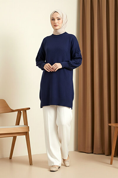 MODAQU Crew Neck Sleeveless Floral Detailed Soft Knitwear Tunic - Navy Blue