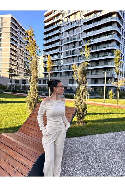 LOBOLIC طقم نسائي أنيق مكون من بلوزة وسروال مكشوفين الكتفين