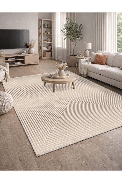 CENTER AVM Bej Halı Salon Halısı Makinede Yıkanabilir Halı Kaymaz Taban Halı