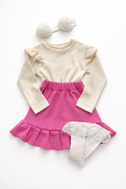 özge başaran Комплект за момичета с набрана кремава блуза с ребра и розова по...