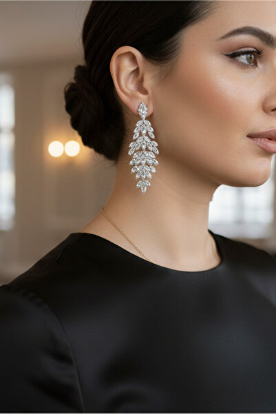 Happyline Gümüş Küpe, Kristal Taşlı Büyük Küpe, Kına Küpe, Abiye Küpe, Sarkıt...