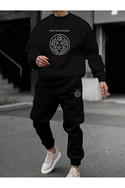 mercoledi Minimum Printed Men's Black Crew Neck Jogger Bottom Set Oversized T...