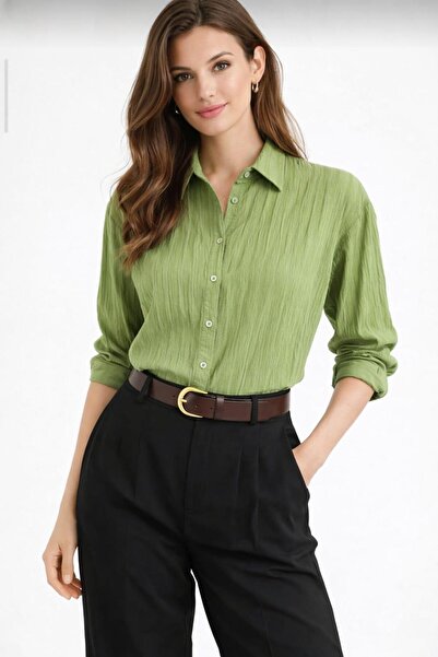 Nuevo Kadın Fıstık Yeşili Dokulu Kumaş Önü Düğmeli Hafif Transparan -ŞIK -