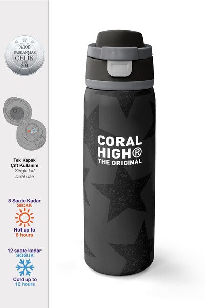 Coral High Siyah Gri Yıldız Desenli Pipetli ve Direkt İçim Çelik Termos 800 m...