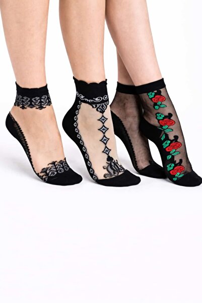 çorapcım Kadın Siyah Detaylı 3lü Tül Çorap ince