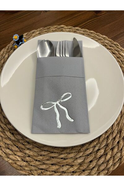 kidspartim Gümüş Yaldızlı Kumaş Dokulu Air Laid Kanguru Fiyonk Gri Cepli Peçe...