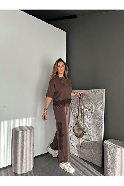 Zerrincan Giyim Kahve Dantel Parçalı Modal Takım