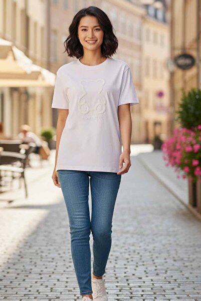 vynor atelier Women's Oversize 100% Cotton Crew Neck Teddy Bear Embroidered T...