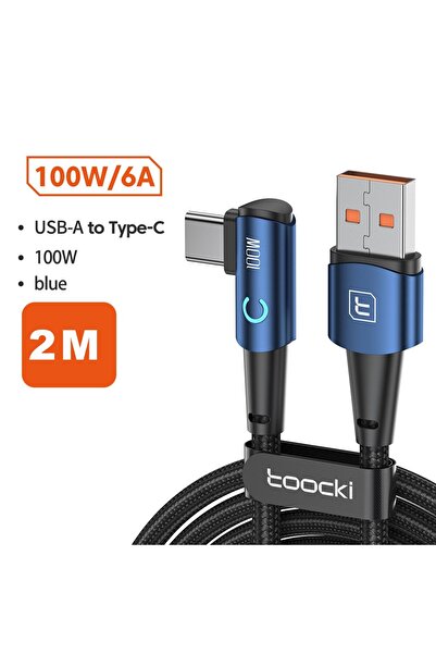 Toocki كابل USB-C أزرق بطول 2 متر، 6 أمبير، بزاوية 90 درجة، مناسب للشحن السري...