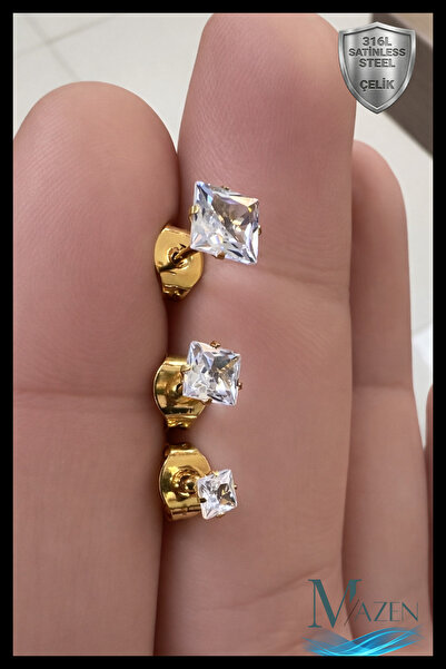 MAZEN 3 Piece Square Stone Unisex Steel Earring Set |   3mm 4mm 5mm |   Gold ...