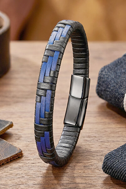 OSMANLI GÜMÜŞ سوار جلدي للرجال بقفل مغناطيسي، سوار جلدي أسود وبحري داكن