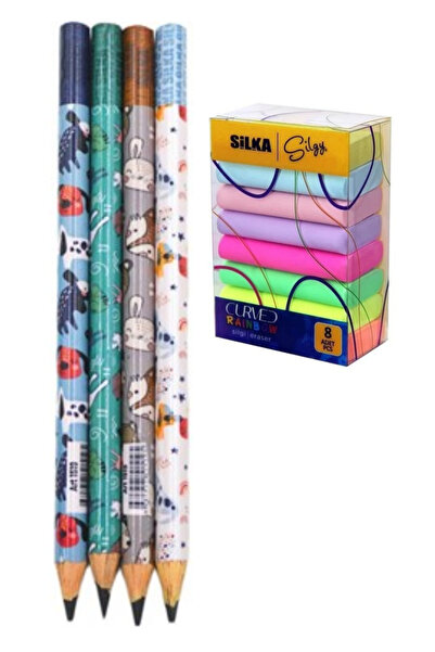 Glanart üçgen yapılı Jumbo kurşun kalem sevimli hayvan desenli (4 adet) + 8 l...