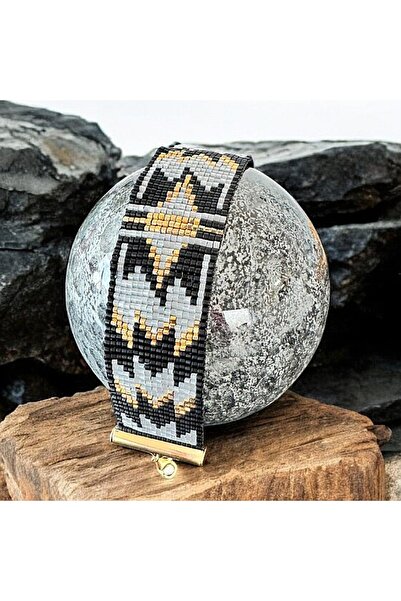 Ezera Brățară lată pentru femei, aurie, neagră și gri, țesută manual cu mărge...