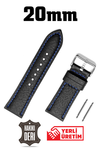 Saatse Black Navy Blue Stitched Floater Genuine Leather Watch Band Strap