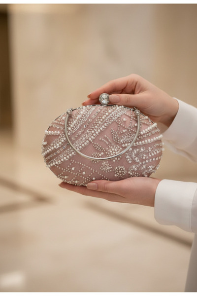 Telli Art Powder Color Beaded Patterned Evening Dress Clutch Bag – with Chain...