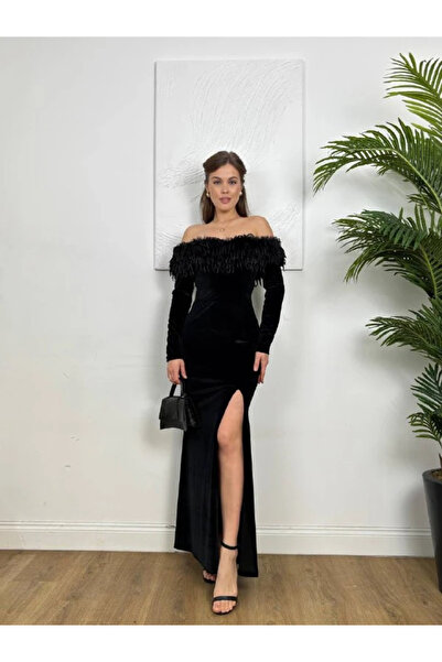 cemo Kadın Siyah Kadife Kayık Yaka Tüy Detaylı Uzun Kollu Yırtmaçlı Uzun Abiy...