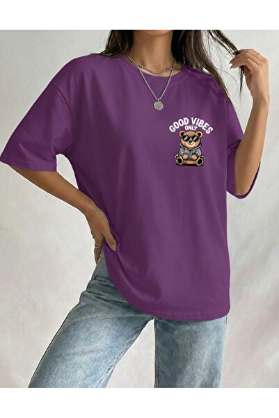 BUWOM Kadın Good Vibes Only Bisiklet Yaka T-shirt