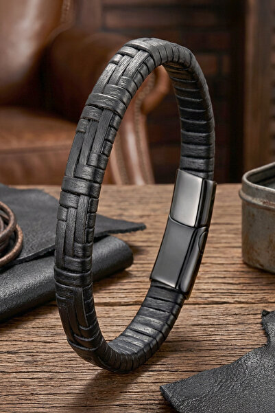 OSMANLI GÜMÜŞ Men's Leather Bracelet with Magnetic Lock Black Wrapped Leather...