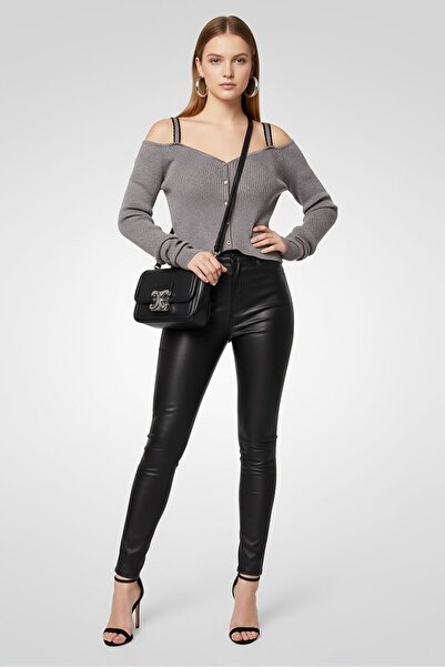 PİNKO Women Sweatheart Neckline Long Sleeve Knitted Metallic Top, Grey