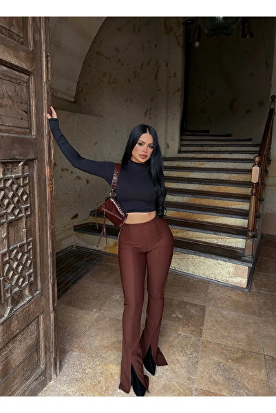 kırmızı butiks Καφέ παντελόνι με σκίσιμο μπροστά και κορδόνια