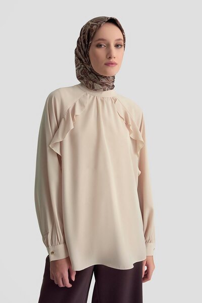 Armine Yanları Fırfırlı Bluz 25K3823 Bej