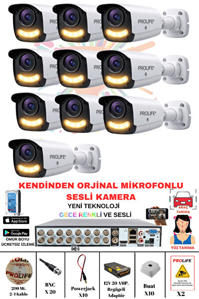 PROLİFE 10 LU Ses Kayıtlı Güvenlik Kamerası 5 Mp Gece Renkli Yüz Ve Araç Tanı...